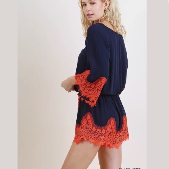 Umgee Orange & Blue Crochet Trim Shorts Romper NEW - Picture 4 of 4